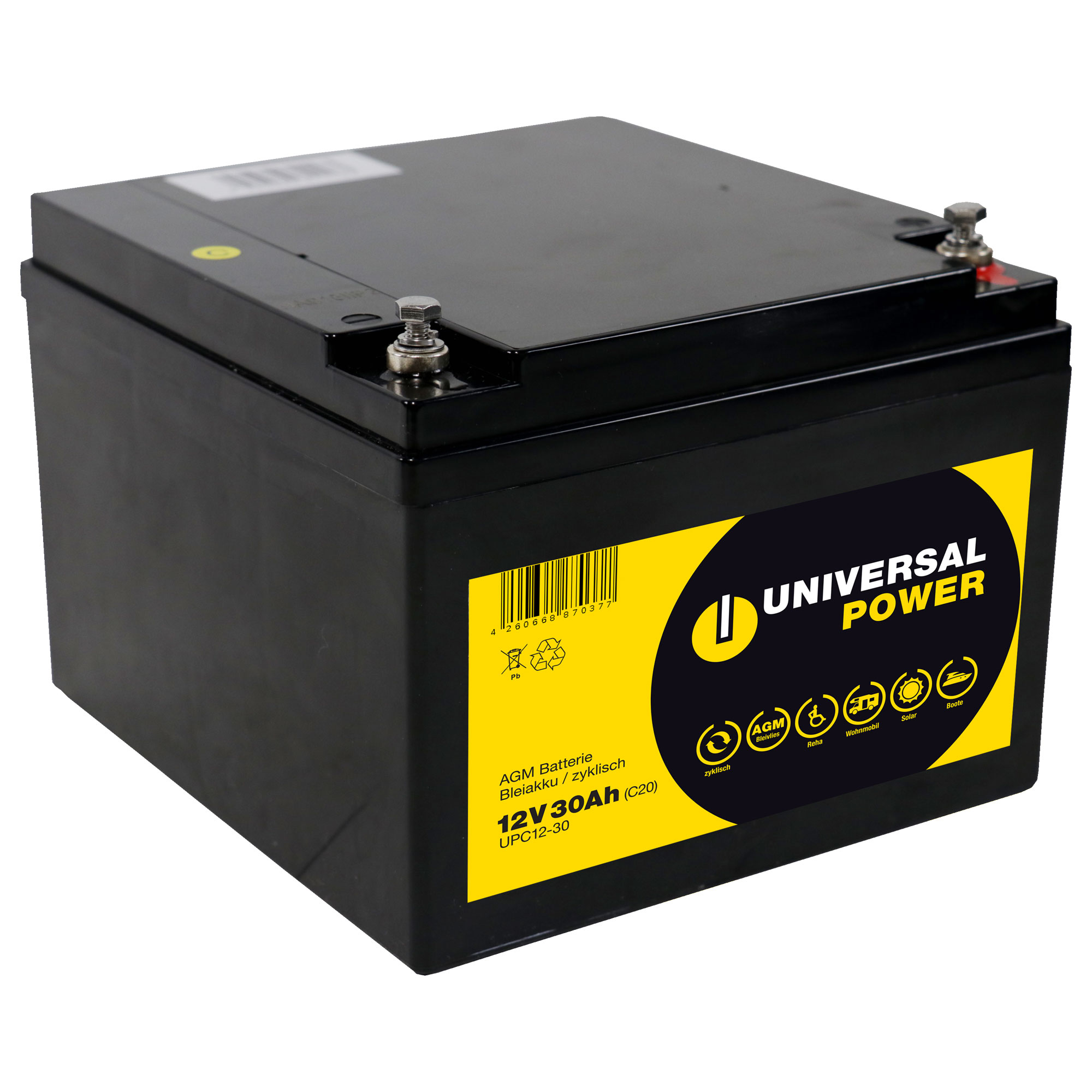 Universal Power AGM UPC12-30 12V 30Ah AGM Batterie zyklenfest wartungsfrei