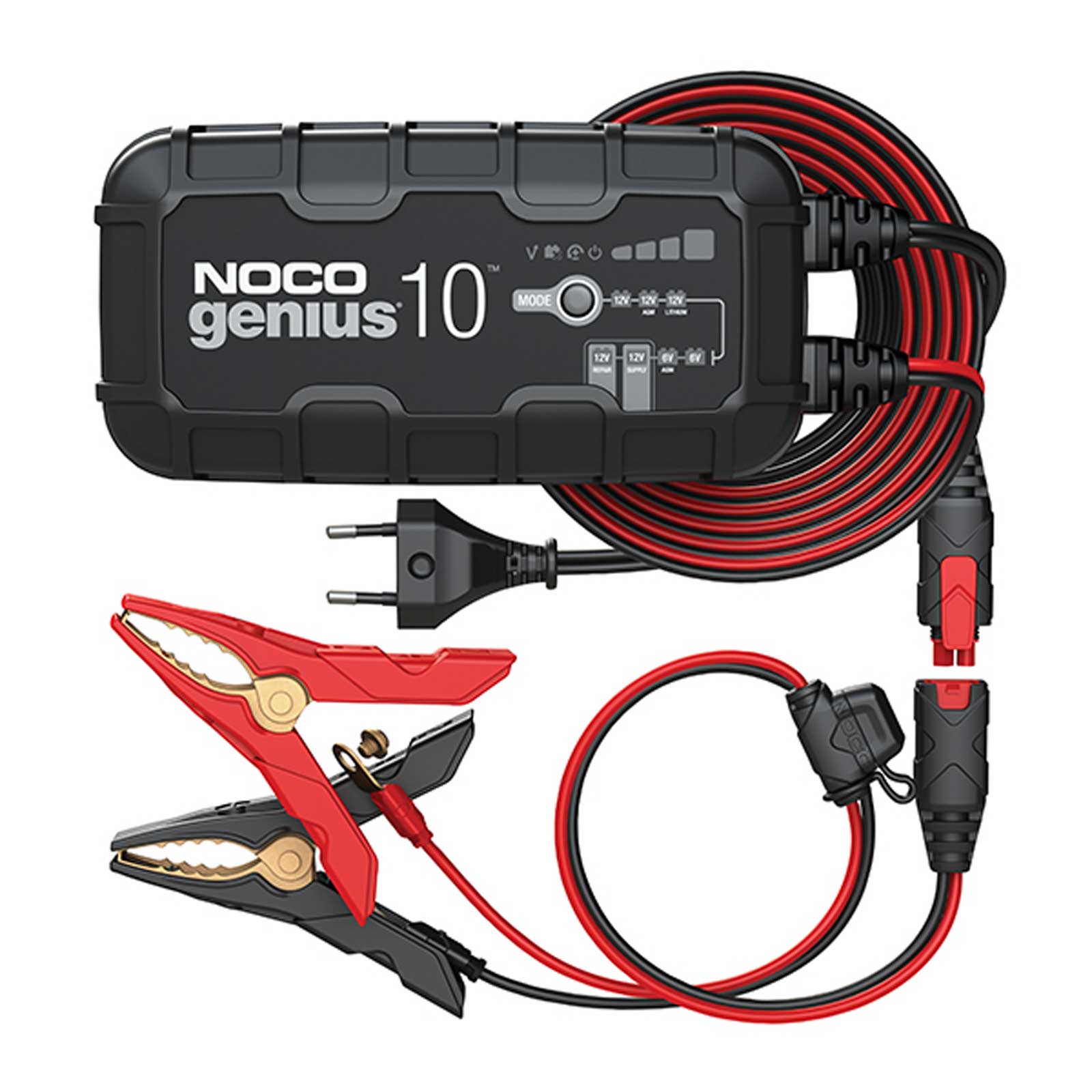 Noco GENIUS10 EU Batterie-Ladegerät 6V/ 12V 10A für Blei- und Lithium-Akkus bis 230Ah mit Krokodilklemmen und Kabelschuhen