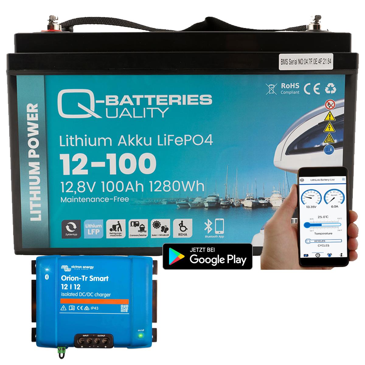 Q-Batteries Lithium Akku 12-100 12,8V 100Ah 1280Wh LiFePO4 Batterie mit Victron Orion Ladegerät