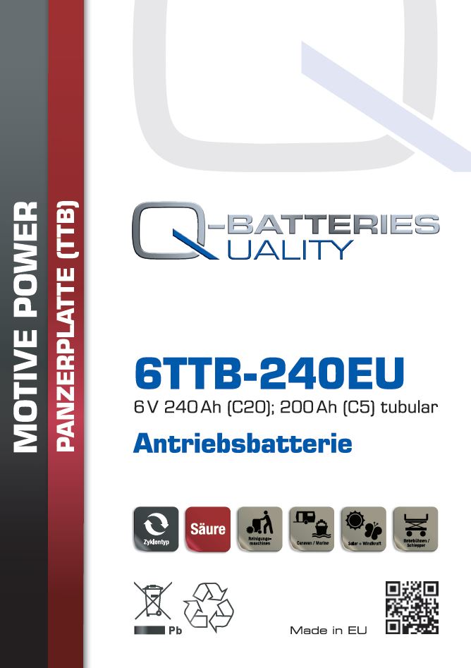 Q-Batteries 6TTB-240EU 6V 240Ah (C20) geschlossene Blockbatterie, positive Röhrchenplatte
