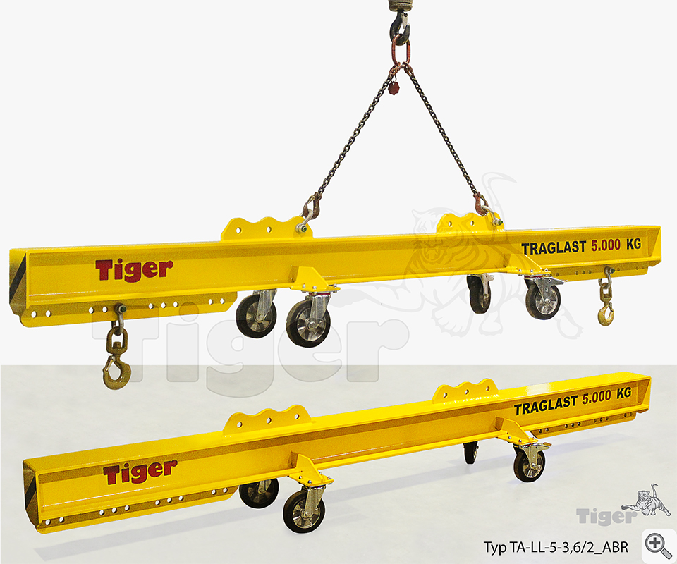 Tiger Sonder-Balkentraverse mit 2 Lasthaken an Lochleiste und integriertem Fahrwerk