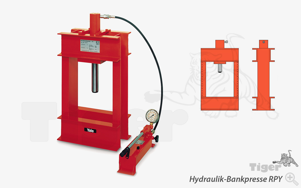 Yale Werkstattpresse – Hydraulik-Bankpresse mit Pumpe, Schlauch und Manometer