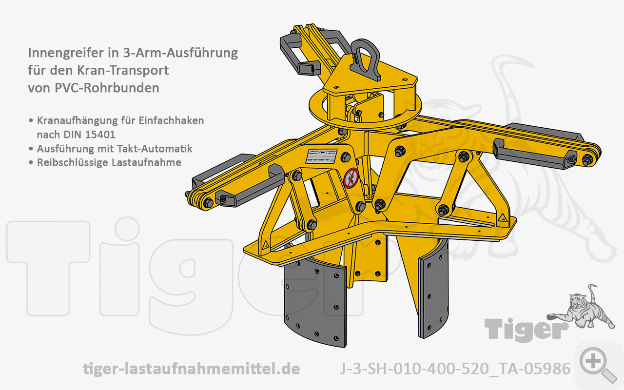 Tiger Sonder-3-Arm-Innengreifer mit Taktautomatik und erhöhtem Anpressdruck zum Heben von Schlauchbunden und Rohre