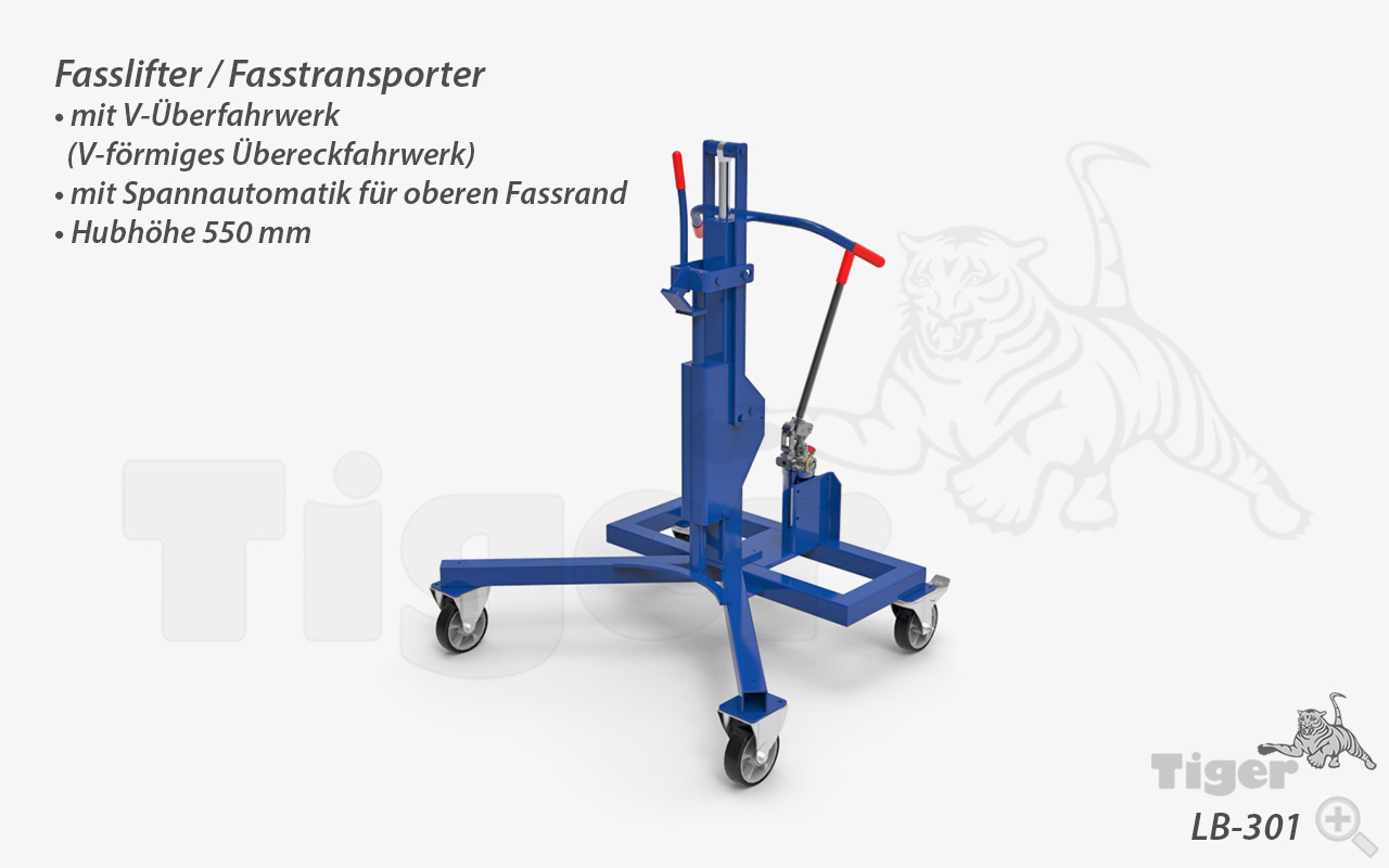 Fasslifter mit Spannautomatik und V-Übereckfahrwerk zum Heben und Verfahren von 200 l Stahlfässern