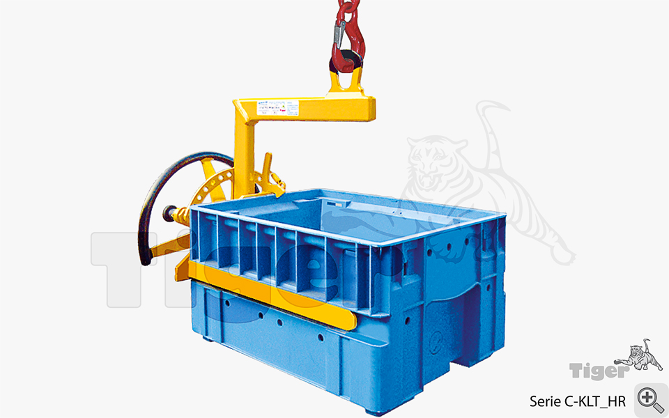Kastengreifer mit Handrad zum Heben und Entleeren von C-KLT-Behältern