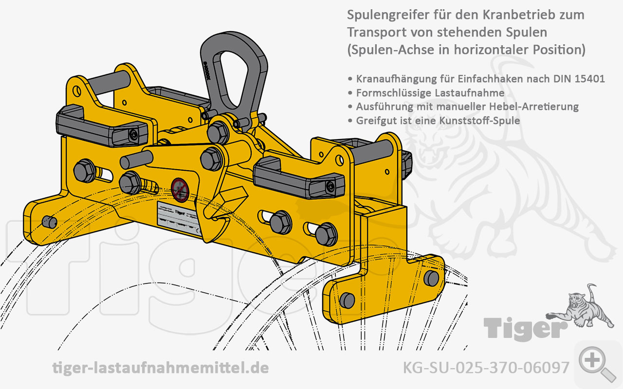 Tiger Behältergreifer (Parallelschiebegreifer) mit winkelförmigen Aufnahmen für den Kran-Transport von AUER Packaging Faltboxen