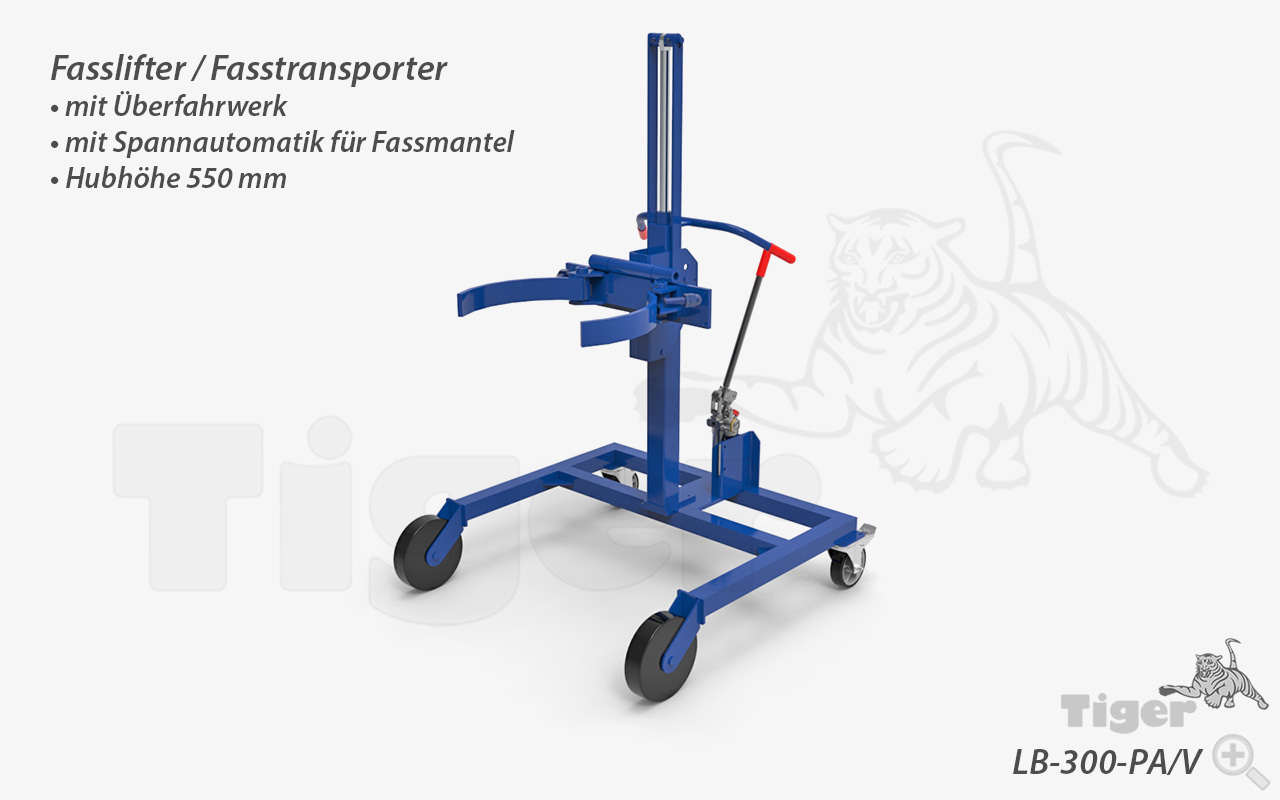 Fasslifter mit Spannautomatik am Stahl-Fassmantel zum Heben und Verfahren von 200 Liter Stahl- und Kunststoff - L-Ring Fässern