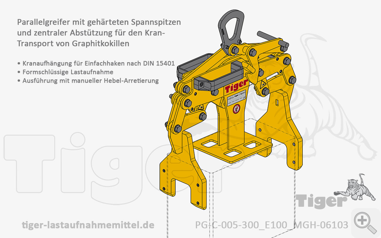 Tiger Sonder-Parallelgreifer mit gehärteten Spannspitzen und zentraler Abstützung zum Kranen von Graphitkokillen