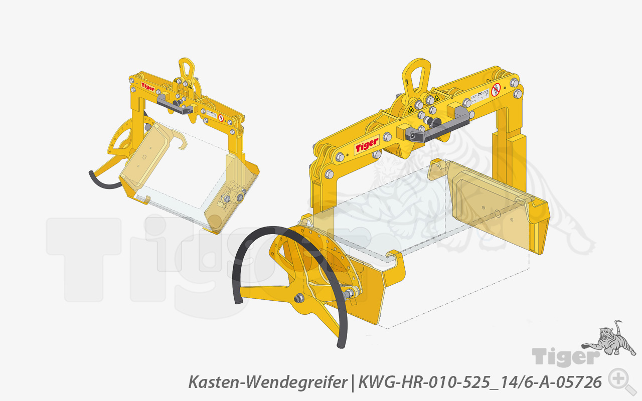 Tiger Sonder-Kasten-Wendegreifer zum Heben und Entleeren von Stahl-Stapelkästen per Kran