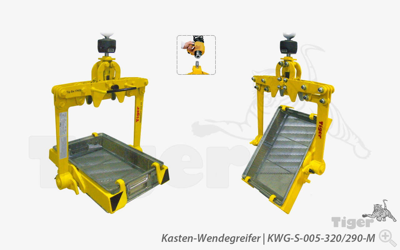 Tiger Sonder-Kasten-Wendegreifer mit Aufhängung als Kupplungsstift für Demag-Manulift-Kettenzug