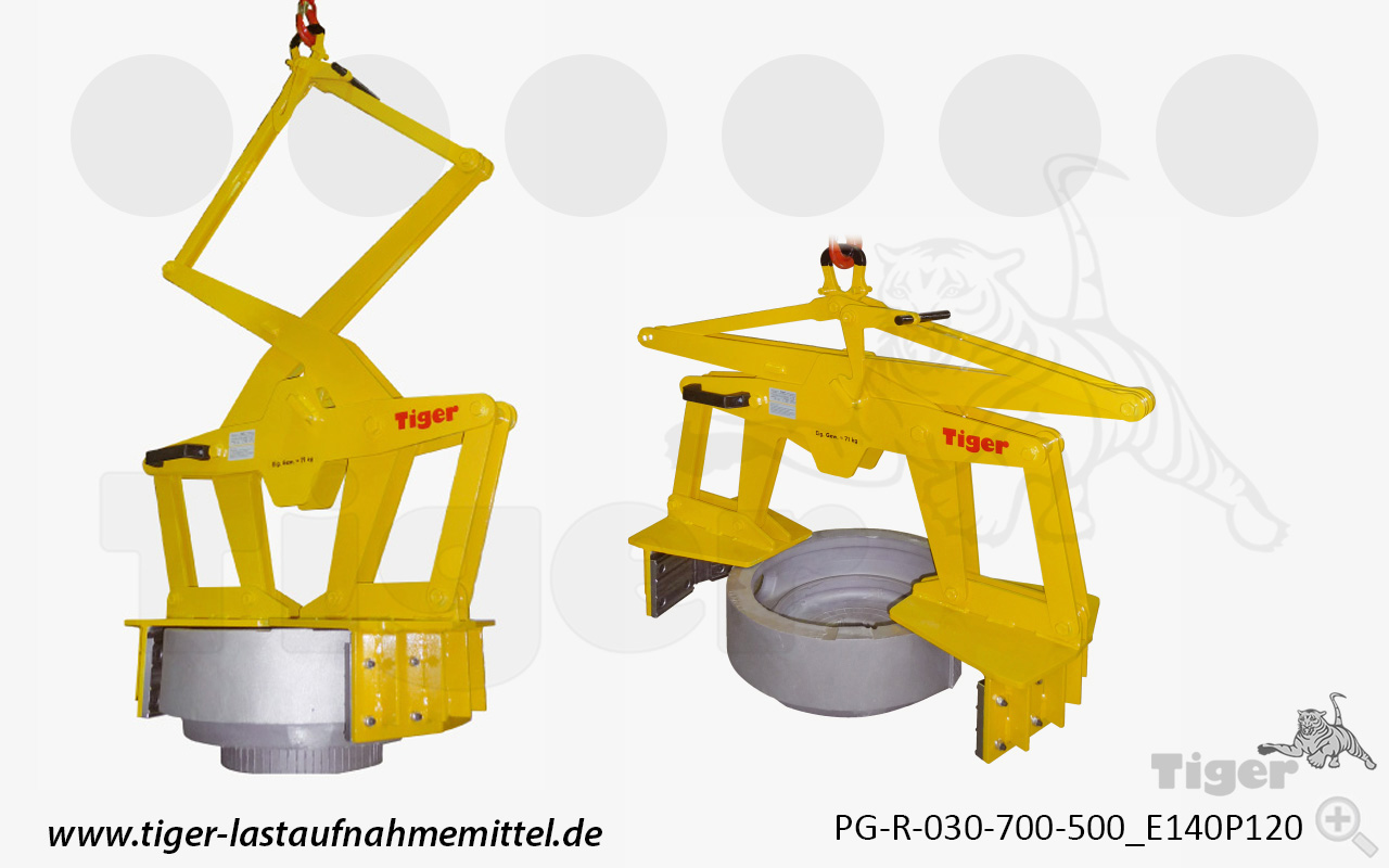 Tiger Sonder-Parallelgreifer mit Prismenplatten und Längsverzahnung zum Kranen von Rundmaterial