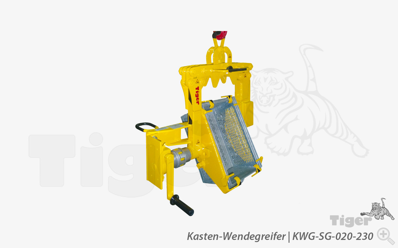 Tiger Sonder-Kasten-Wendegreifer mit Drehwerk zum Transport und zur Entleerung von Lochblechkästen