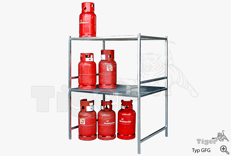 Gasflaschengestell, verzinkt mit zwei Regalböden, für Gasflaschen-Container Serie GFC