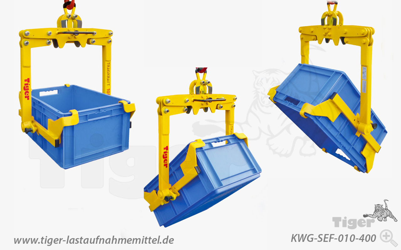 Tiger Sonder-Kasten-Wendegreifer zum Transport und Entleeren von SSI Kunststoffbehältern EF 6280 per Kran