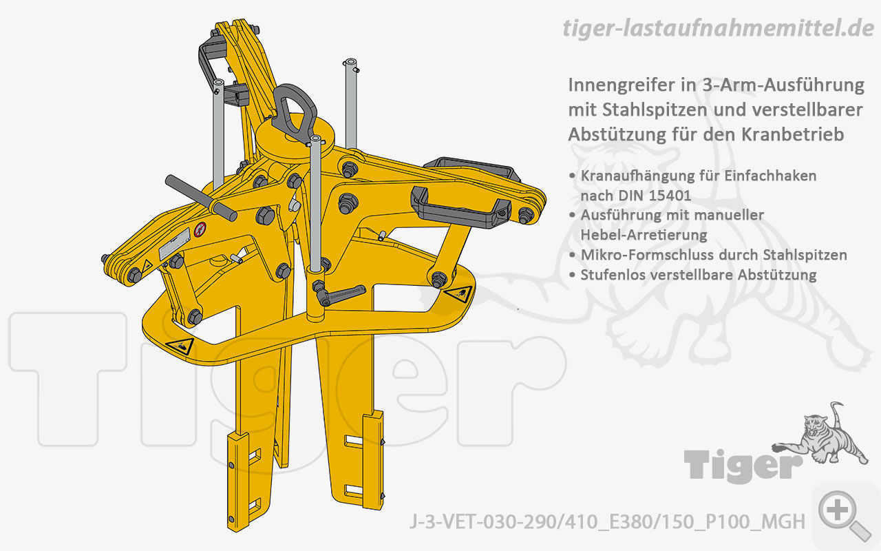 Tiger Sonder-Innengreifer mit Stahlspitzen und verstellbarer Abstützung für den Kran