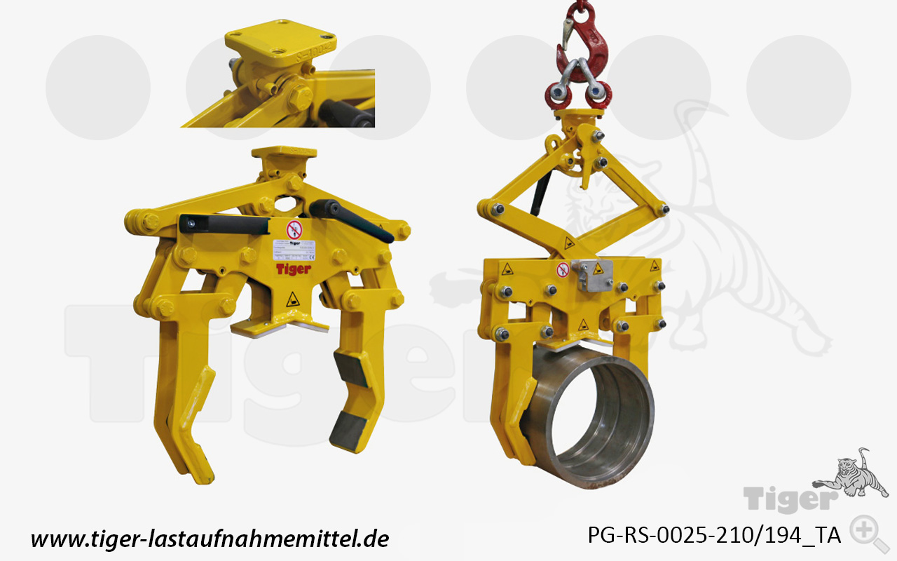 Tiger Sonder-Parallelgreifer mit Abstützung, Takt-Automatik und Prismenbacken zum Heben von stehenden Rollen