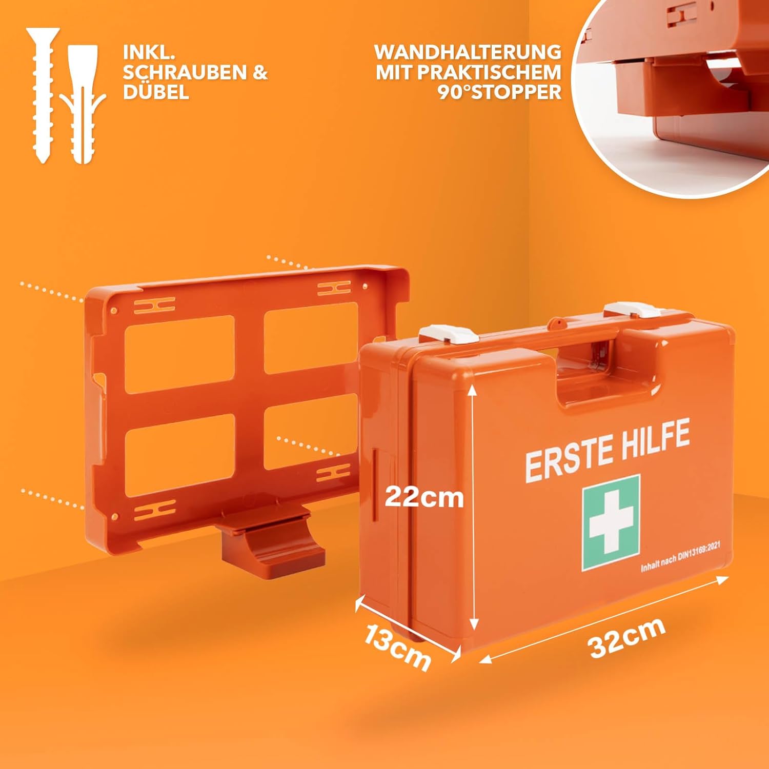 Große Erste Hilfe Kasten für Werkstatt DIN 13169 gefüllt inkl. Wandhalterung | 1 Hilfe Verbandkasten Set für Betriebe & Gastro, Notfallbox bis 100 Mitarbeiter & Zuhause (44.5 x 32 x 15cm)