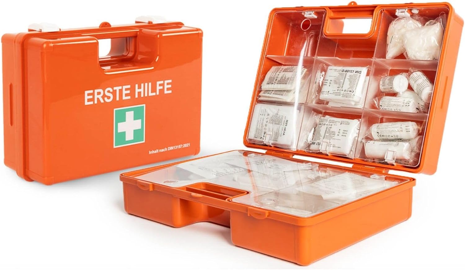 Große Erste Hilfe Kasten für Werkstatt DIN 13169 gefüllt inkl. Wandhalterung | 1 Hilfe Verbandkasten Set für Betriebe & Gastro, Notfallbox bis 100 Mitarbeiter & Zuhause (44.5 x 32 x 15cm)