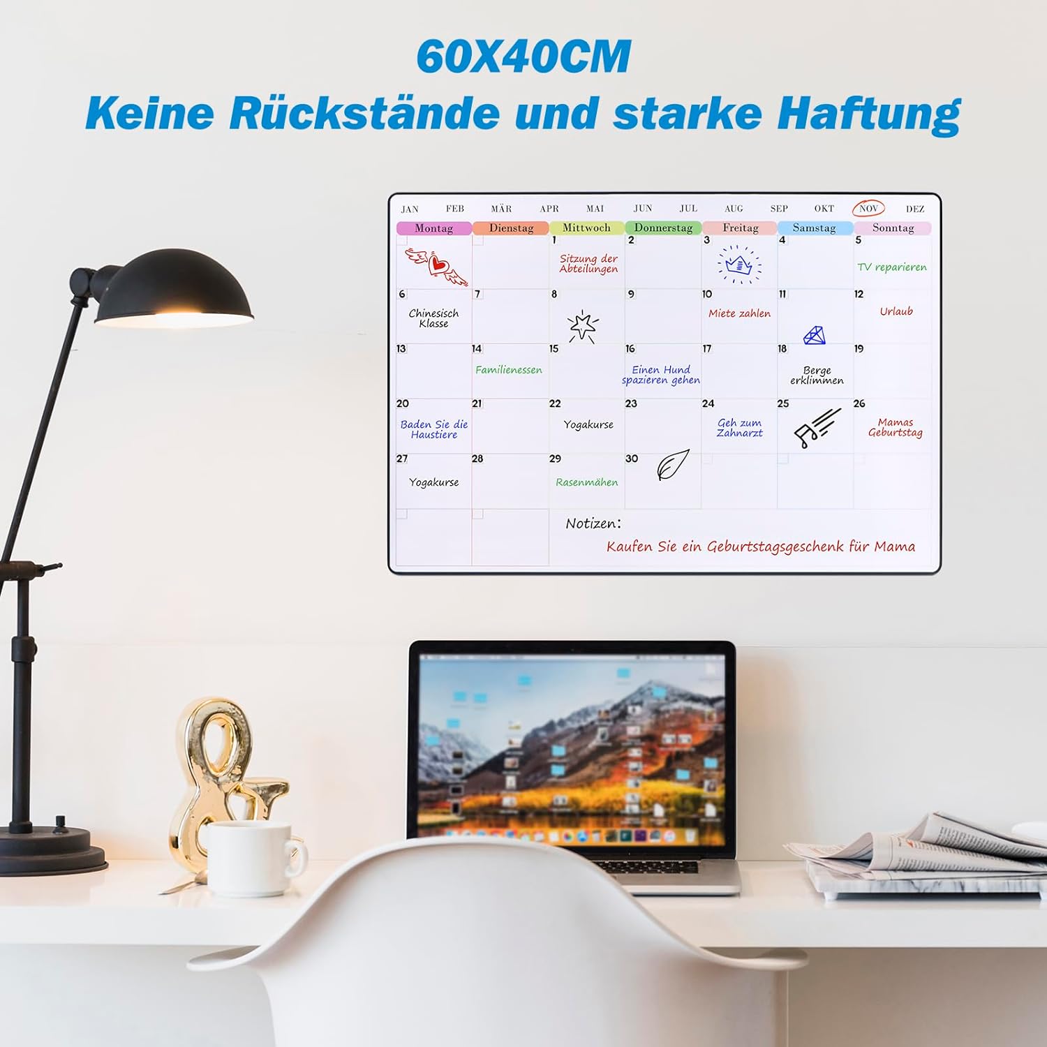 60x40cm | Whiteboard-Folie *Monatsplaner/Wochenplaner * Selbstklebend, Magnetfolie Weiß Abwischbar Familienplaner, Planungstafel, Monatskalender, Memoboard 