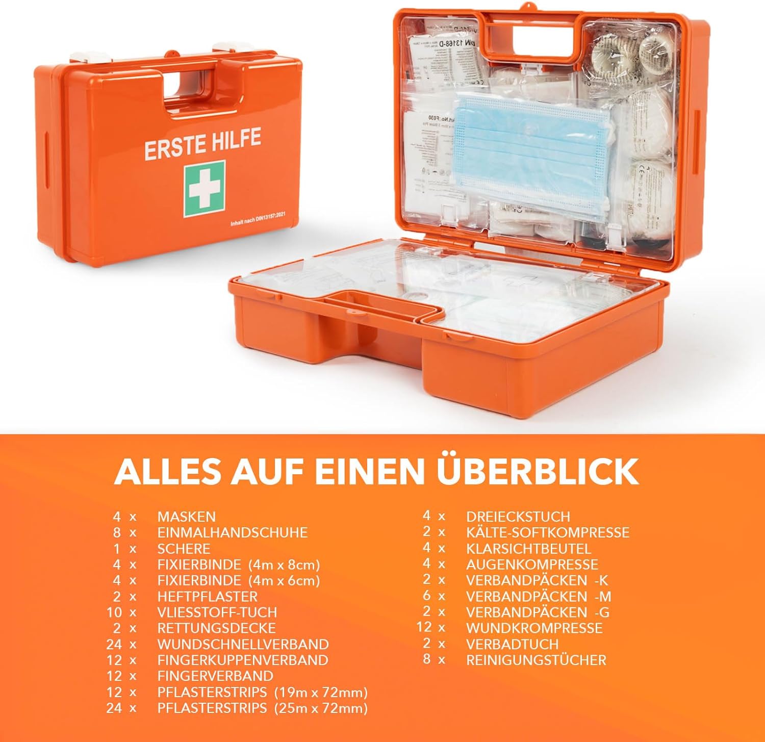 Große Erste Hilfe Kasten für Werkstatt DIN 13169 gefüllt inkl. Wandhalterung | 1 Hilfe Verbandkasten Set für Betriebe & Gastro, Notfallbox bis 100 Mitarbeiter & Zuhause (44.5 x 32 x 15cm)