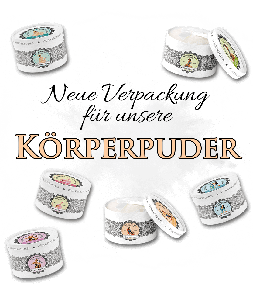 Wolkenseifen Körperpuder. Text: Neue Verpackung für unsere Körperpuder