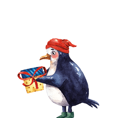 Pinguin mit Geschenk in der Hand und Mütze auf dem Kopf
