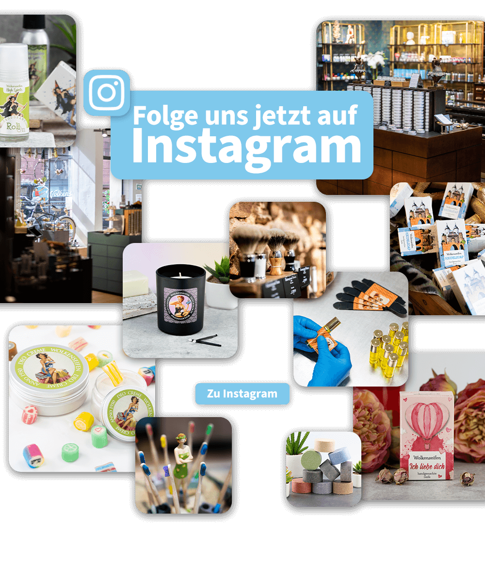 Wolkenseifen bei Instagram. Viele Bilder in unterschiedlichen Größen von Produkten, den Ladengeschäften und Fotos aus unserer Manufaktur. Text: Folge und jetzt auf Instagram. Zu Instagram.
