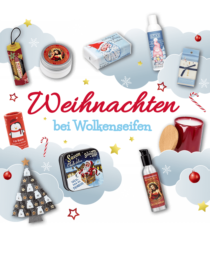 Text: Weihnachten bei Wolkenseifen. Wolkenbild mit Sternchen, Adventskalender, Seife, Lip-Balm, Kerze, Körper-Öl mit Glühweinduft.