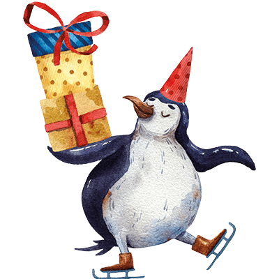 Pinguin auf Schlittschuhen mit Geschenken in der Hand und Mütze auf dem Kopf