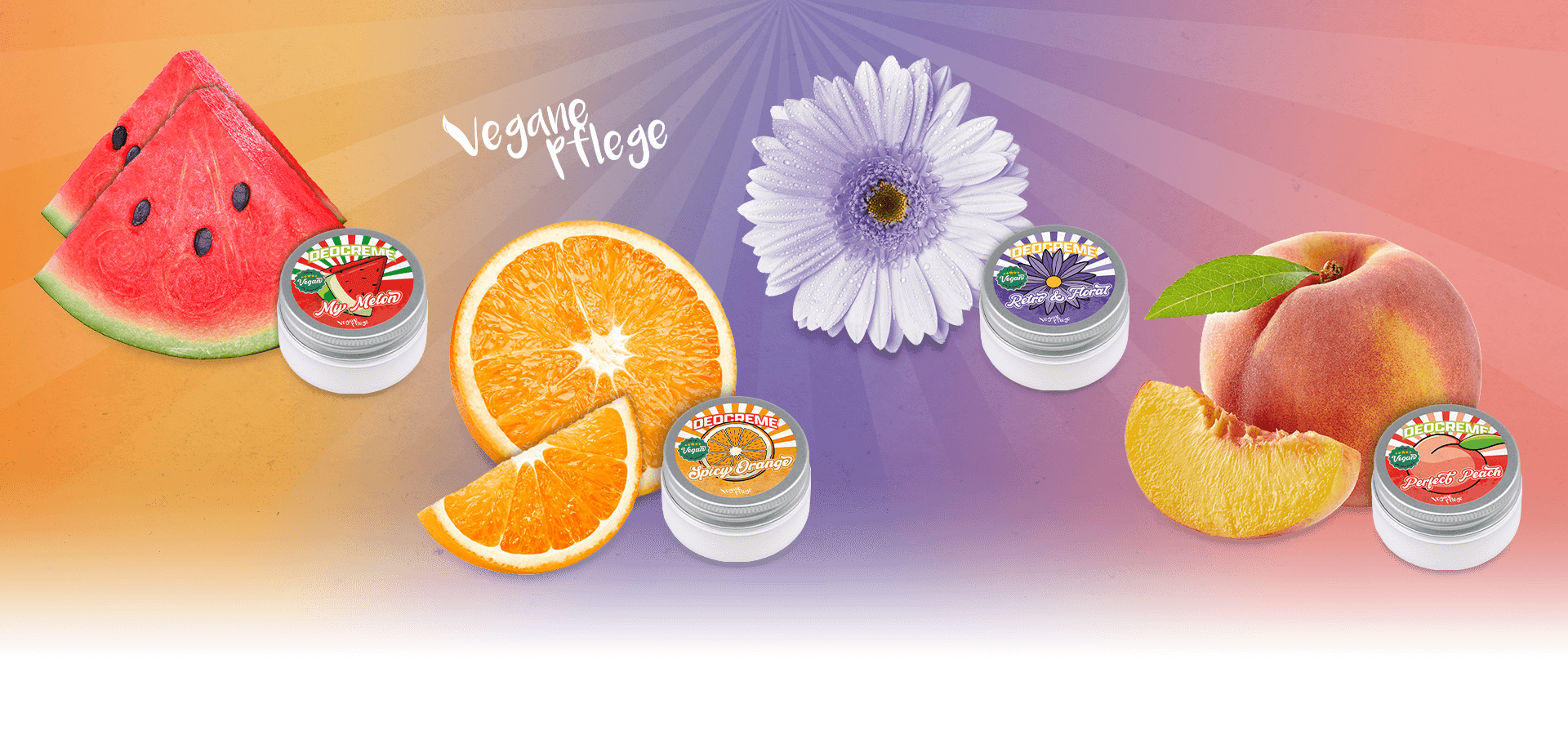 Neue Vegane Pflege Deocreme im 25ml Tiegel. Sorten My Melon links, Spicy Orange links mitte, Retro und Floral rechts mitte und Perfect Peach rechts.