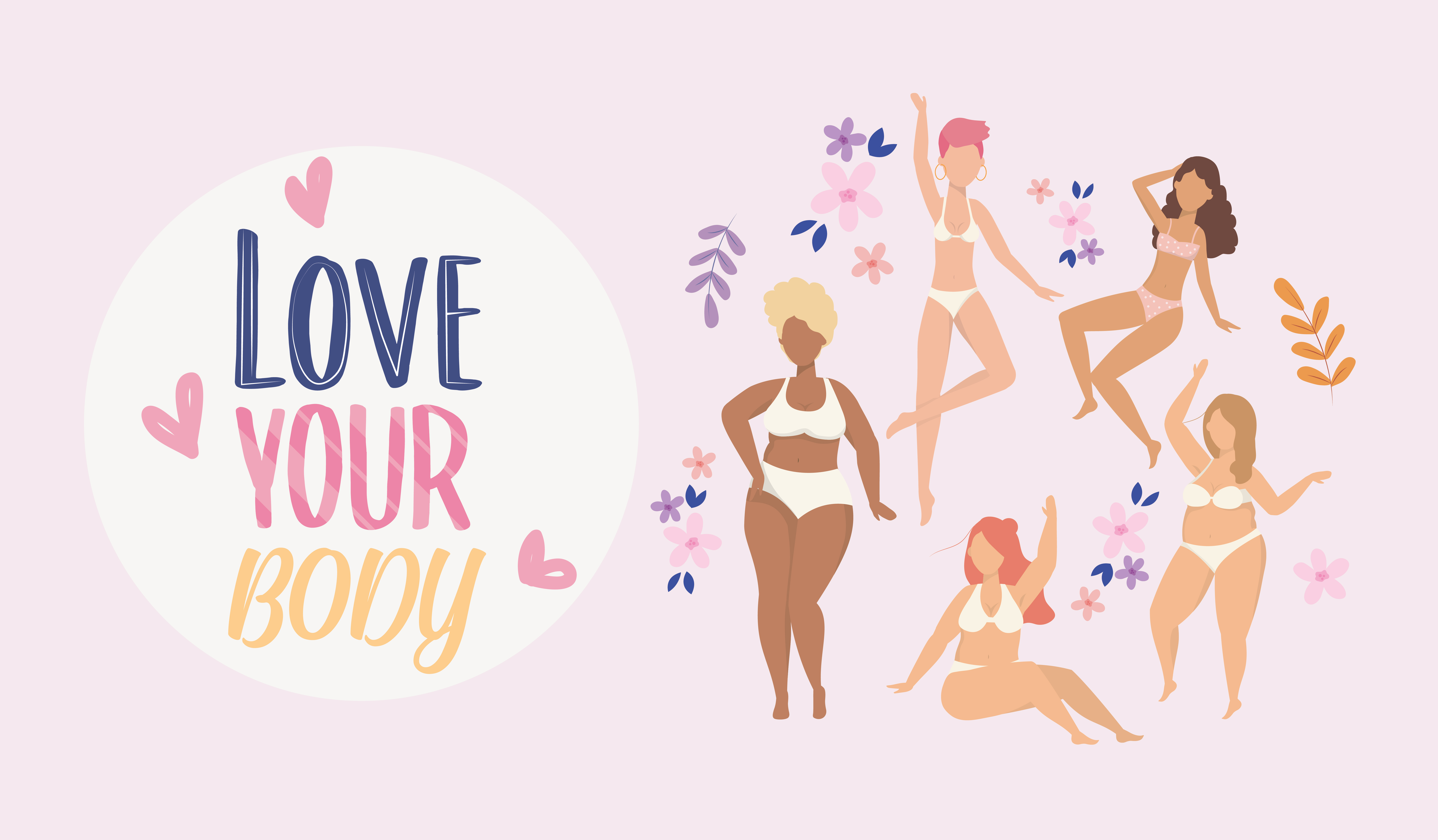 Text: Eine Bildzeichnung mit fünf Figuren von Frauen in Unterwäsche. Fliederfarben der Hintergrund. Schriftzug: Love your body. 
