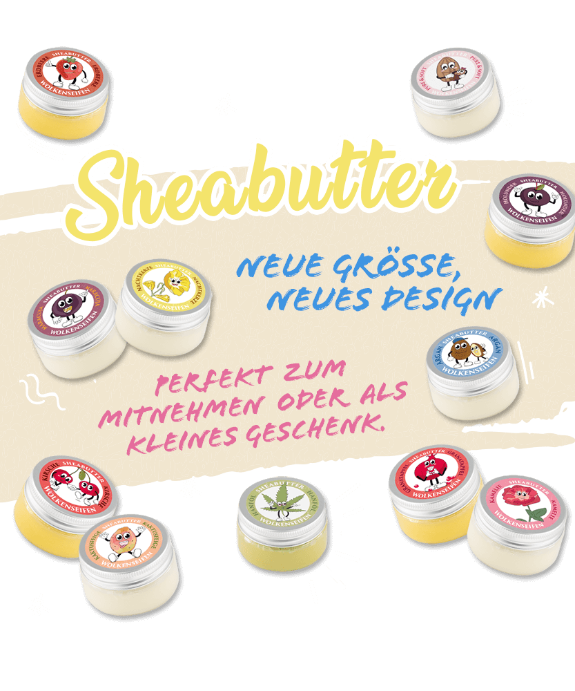 Wolkenseifen Sheabutter. Text: Shabutter. Neue Größe, neues Design. Perfekt zum Mitnehmen oder als kleines Geschenk.