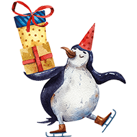 Pinguin auf Schlittschuhen mit Geschenken in der Hand und Mütze auf dem Kopf