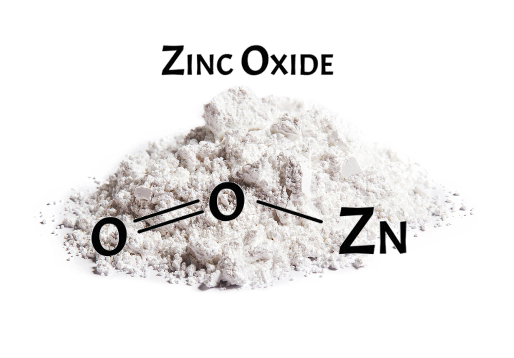 Text: Zinkoxid ein weißer, mineralischer Feststoff. Abkürzung ZN in Buchstaben abgebildet. 
