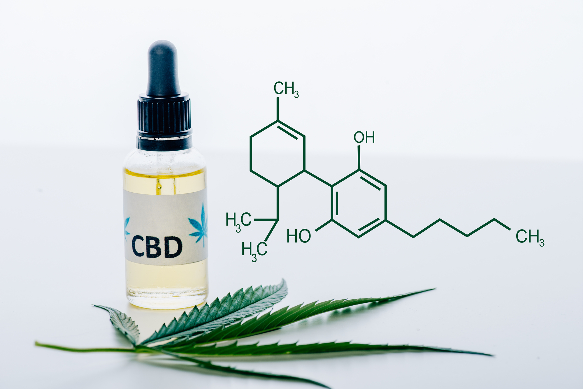 Text: Weißer Hintergrund, eine Flasche mit Pipette und Aufschrift: CBD. Ein Blatt von einer Hanfpflanze. 