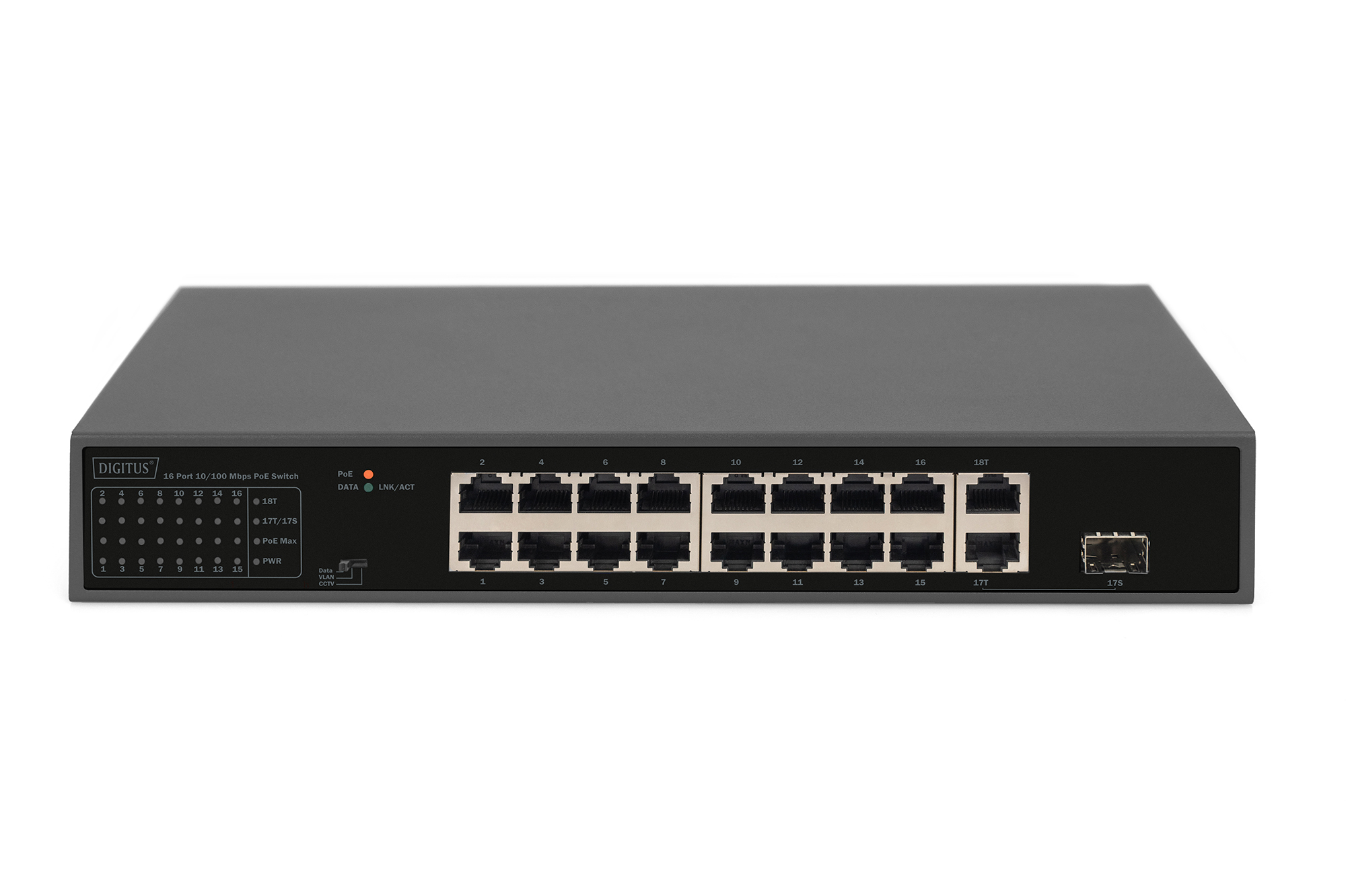 DIGITUS 16- Port Fast Ethernet PoE Switch,19 Zoll, Unmanaged, 2 Uplinks