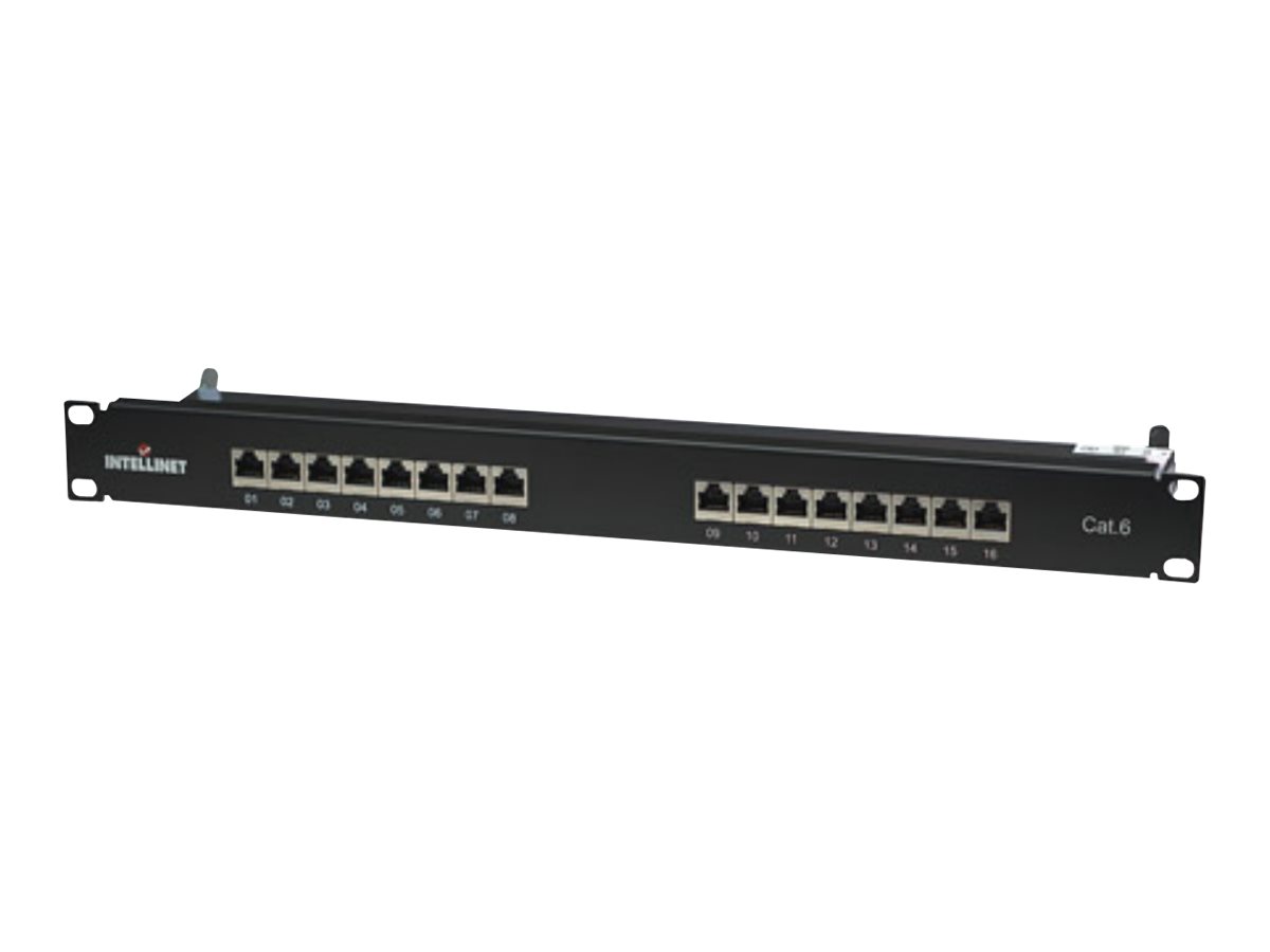 Intellinet 16-Port Cat6 Patchpanel, geschirmt, FTP, 19", 1 HE, Klemmleisten mit 90 Grad abgewinkelten Kabeleinführungen - Patch Panel - RJ-45 X 16 - 1U - 48.3 cm (19")