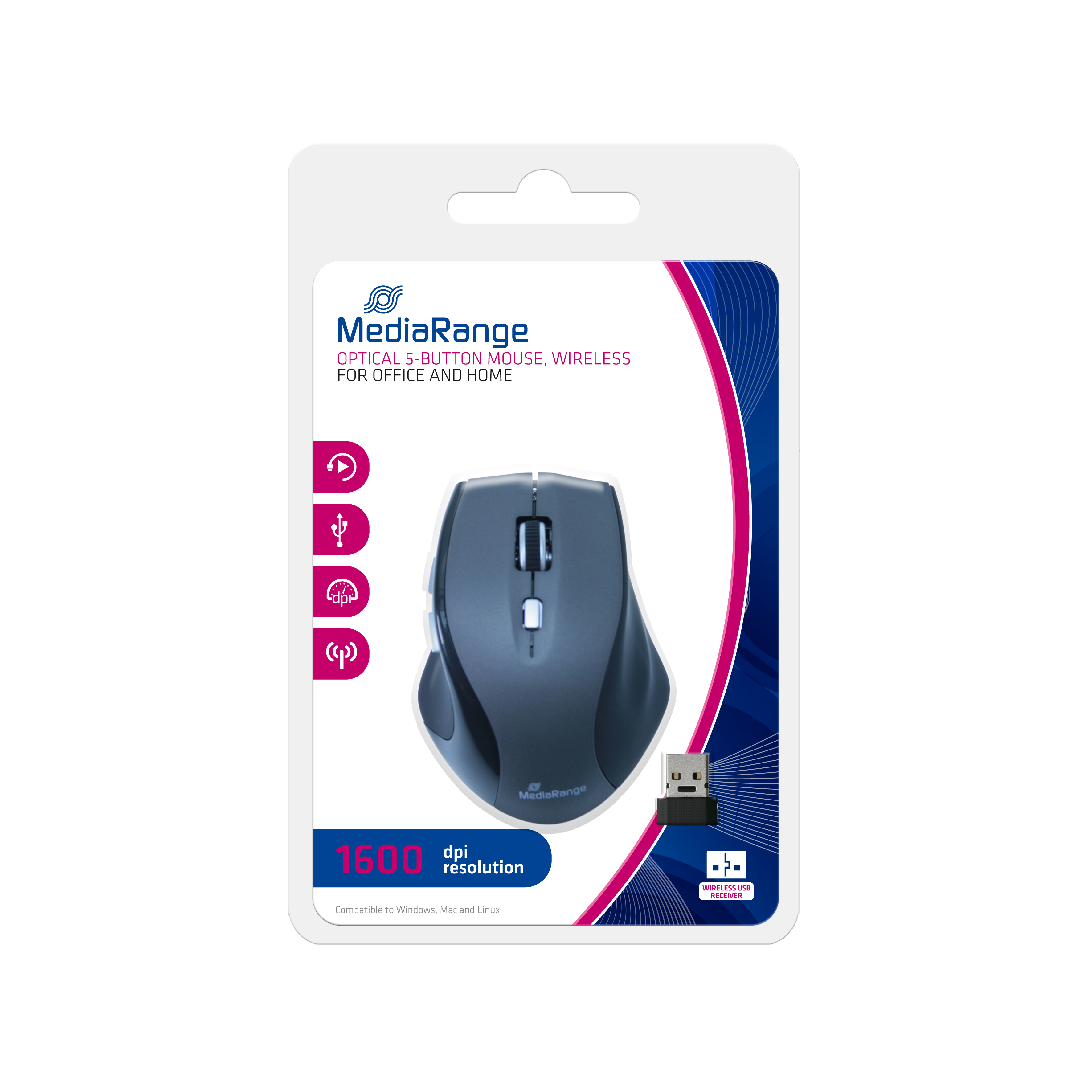 MEDIARANGE Maus - optisch - 5 Tasten - kabellos - kabelloser Empfänger (USB)