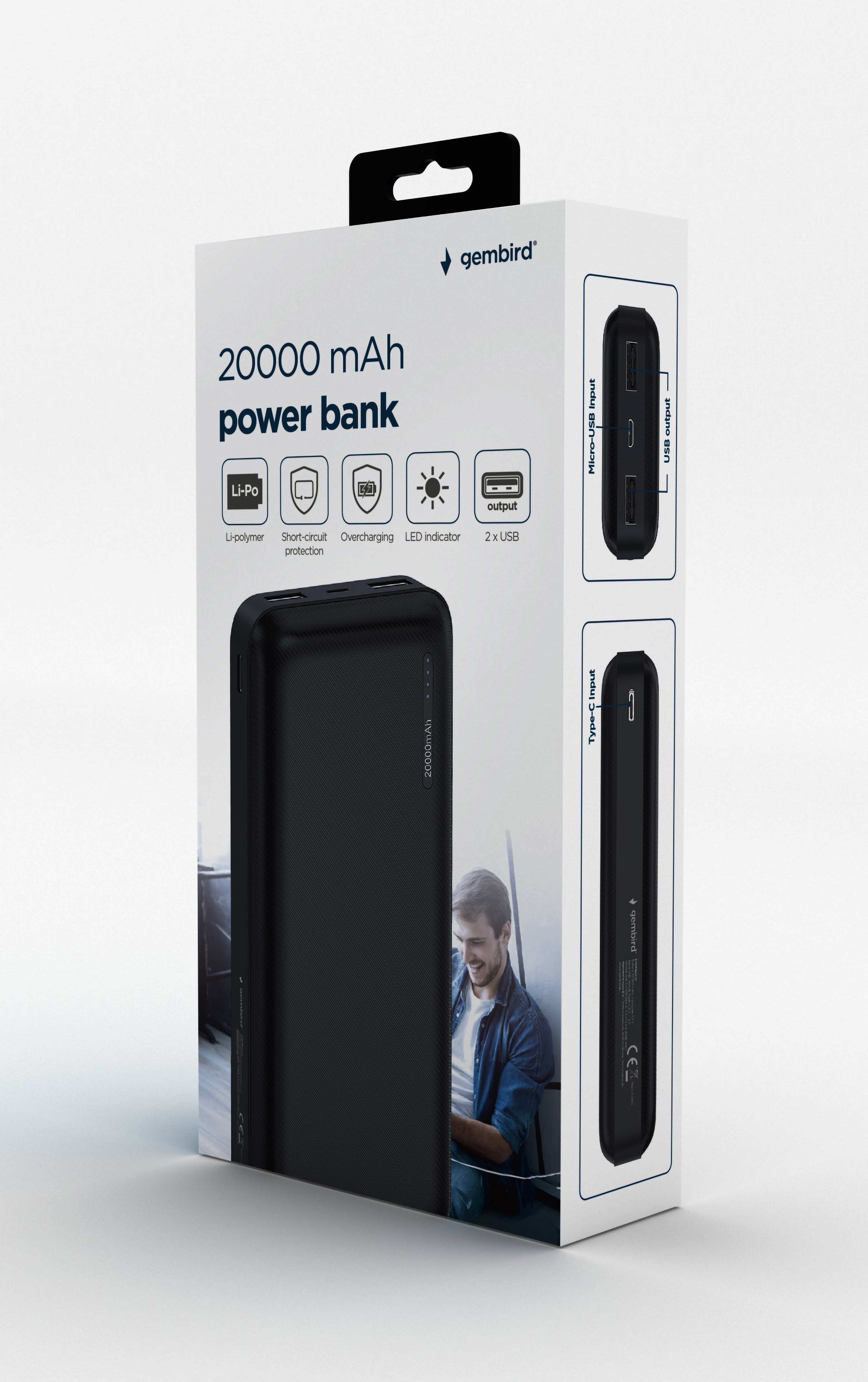 Gembird PB20-02 - Powerbank - 20000 mAh - 12 Watt - 2.4 A - 2 Ausgabeanschlussstellen (2 x USB)