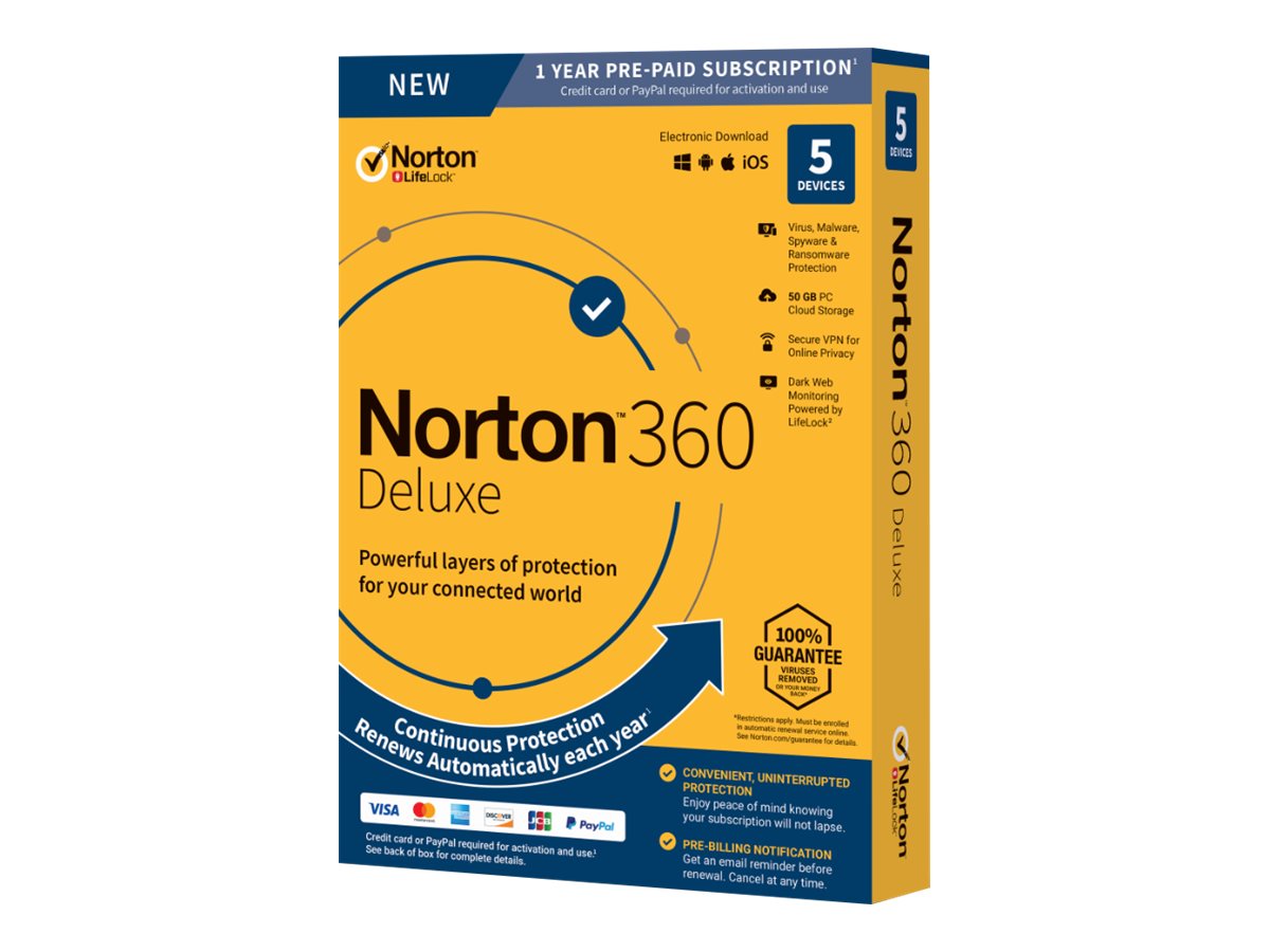 Symantec Norton 360 Deluxe - Box-Pack (1 Jahr) - 5 Peripheriegeräte, 50 GB Onlinespeicher
