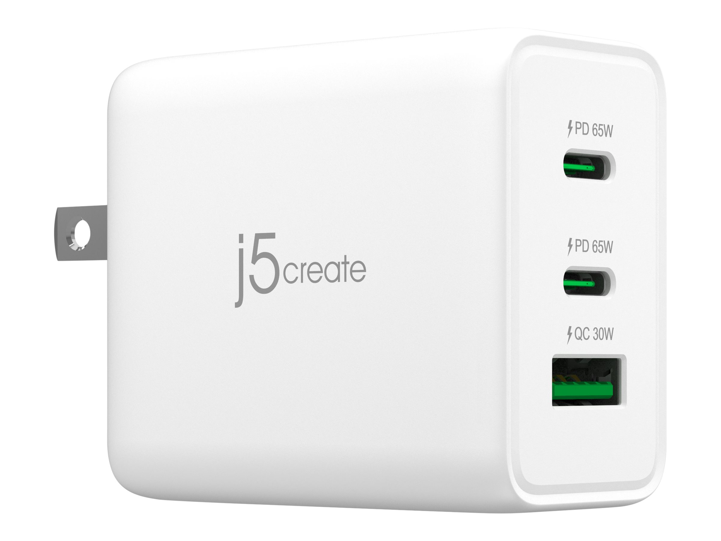 j5create Netzteil - GaN-Technologie - 65 Watt - 4.5 A - PD 3.0, QC 3.0 - 3 Ausgabeanschlussstellen (USB Typ A, 2 x USB-C)