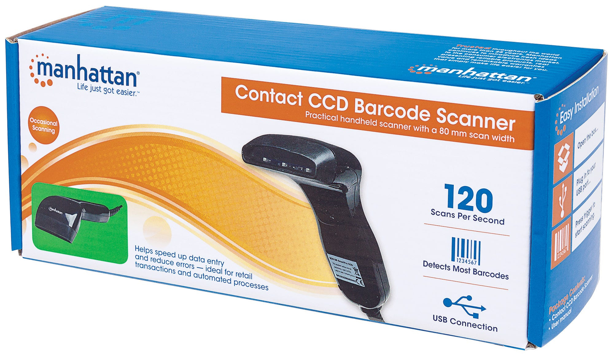Manhattan Contact CCD Handheld Barcode Scanner, USB, 80mm Scan Width, Cable 152cm, Max Ambient Light: 3,000 lux (sunlight)