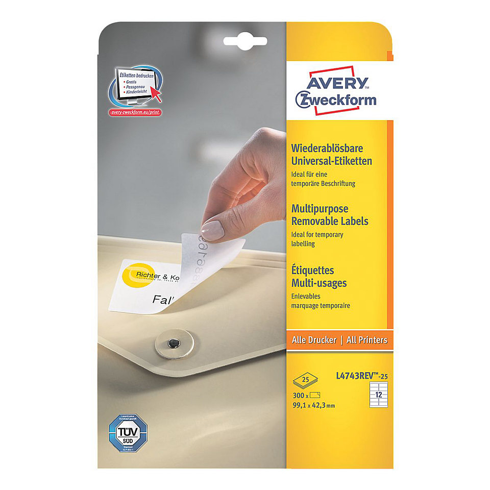 Avery Zweckform Avery - Entfernbarer Klebstoff - weiß - 99.1 x 42.3 mm 300 Etikett(en) (25 Bogen x 12)