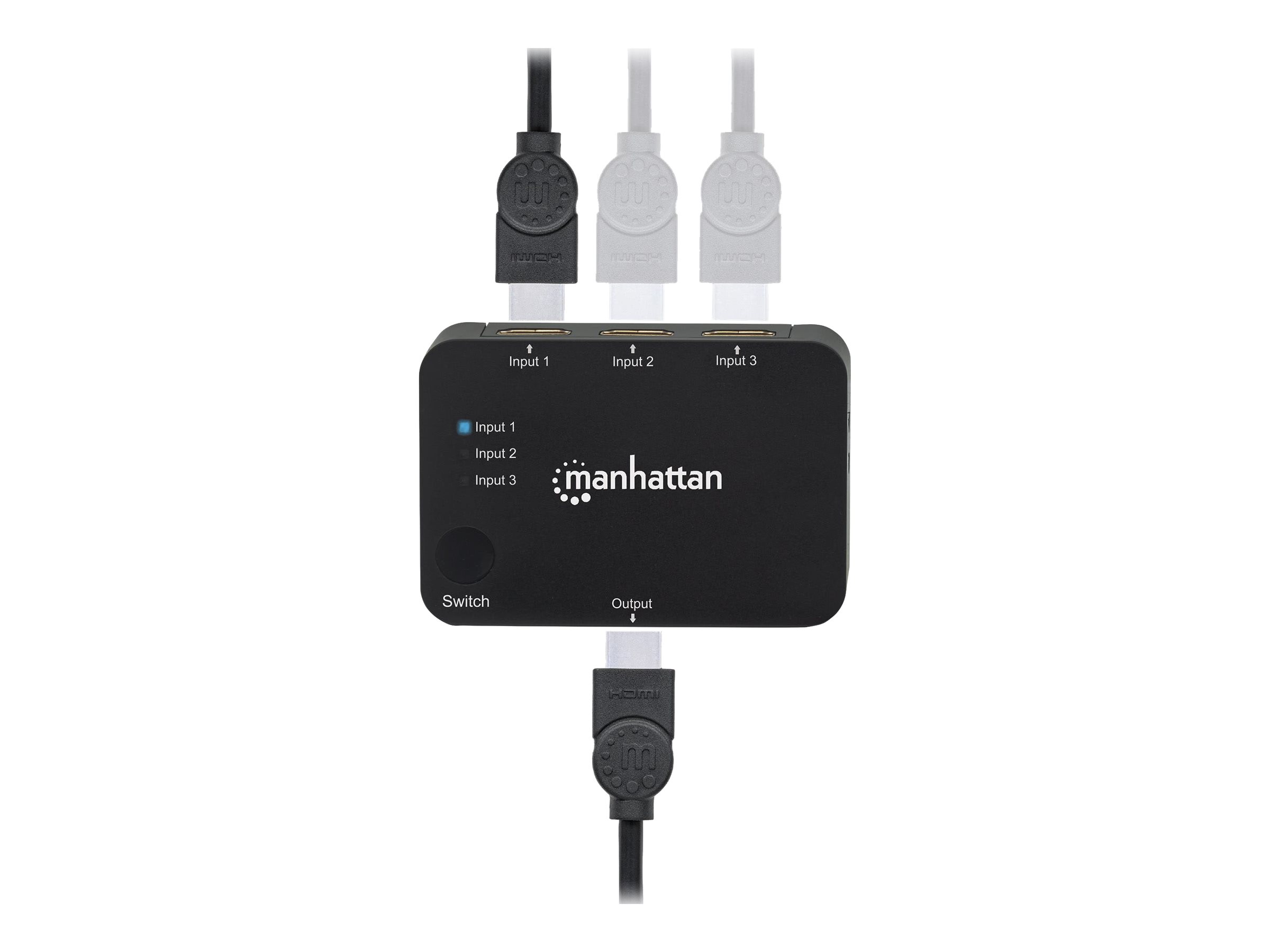 Manhattan HDMI Switch 3-Port , 4K@30Hz, Connects x3 HDMI sources to x1 display, Automatic and Manual Switching (via button)