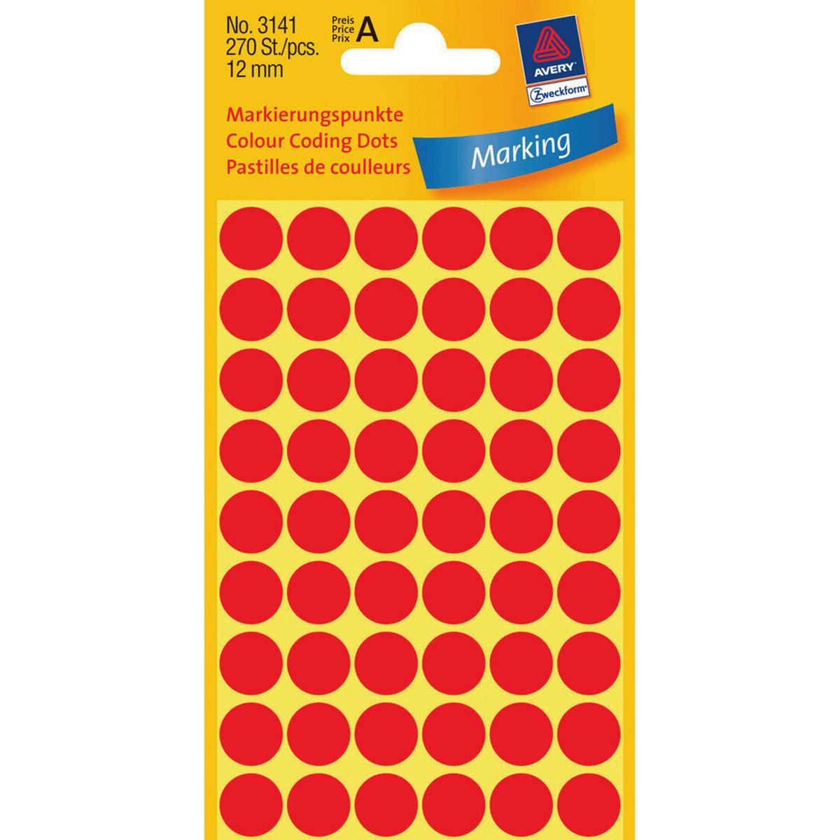 Avery Zweckform 3141 - Permanenter Klebstoff - Rot - 12 mm rund 270 Etikett(en) (5 Bogen x 54)