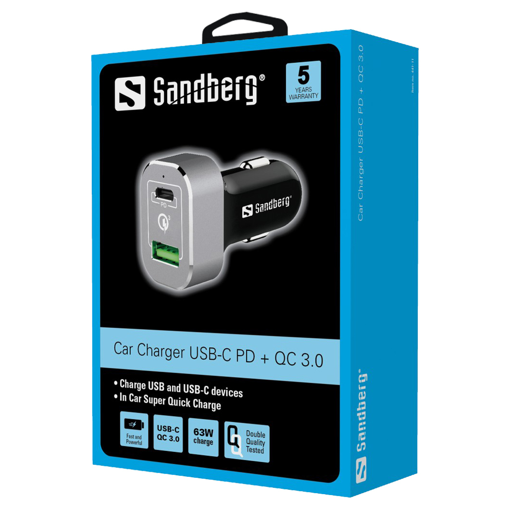 SANDBERG Car Charger USB-C PD+QC3.0 63W - Auto-Netzteil - 3 A - QC 3.0 - 2 Ausgabeanschlussstellen (USB, USB-C)