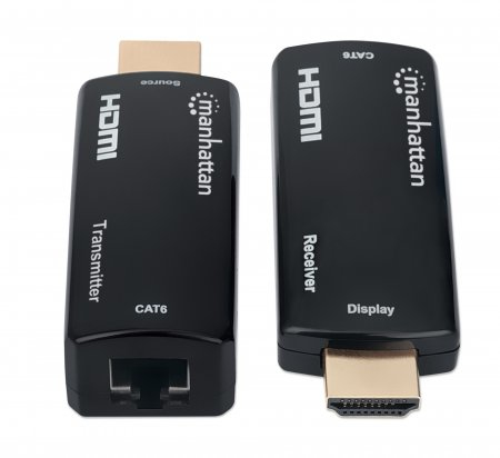 Manhattan 1080p@60Hz Compact HDMI over Ethernet Extender Kit, Extends Distances of Signal up to 60m with a Single Cat6 Ethernet Cable, Transmitter and Receiver included, Power over Cable, Ultra Slim Design, Three Year Warranty, Black
