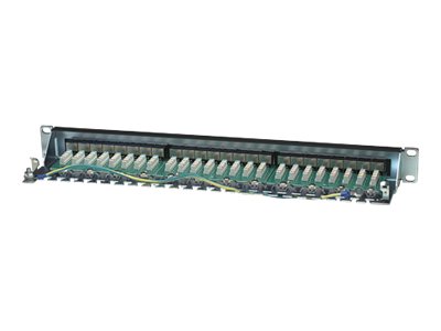 Intellinet 24-Port Cat6 Patchpanel, geschirmt, 24 Ports, FTP, 1 HE, Klemmleisten mit 90 Grad abgewinkelten Kabeleinführungen, schwarz - Patch Panel - CAT 6 - FTP - RJ-45 X 24 - Schwarz - 1U - 48.3 cm (19")