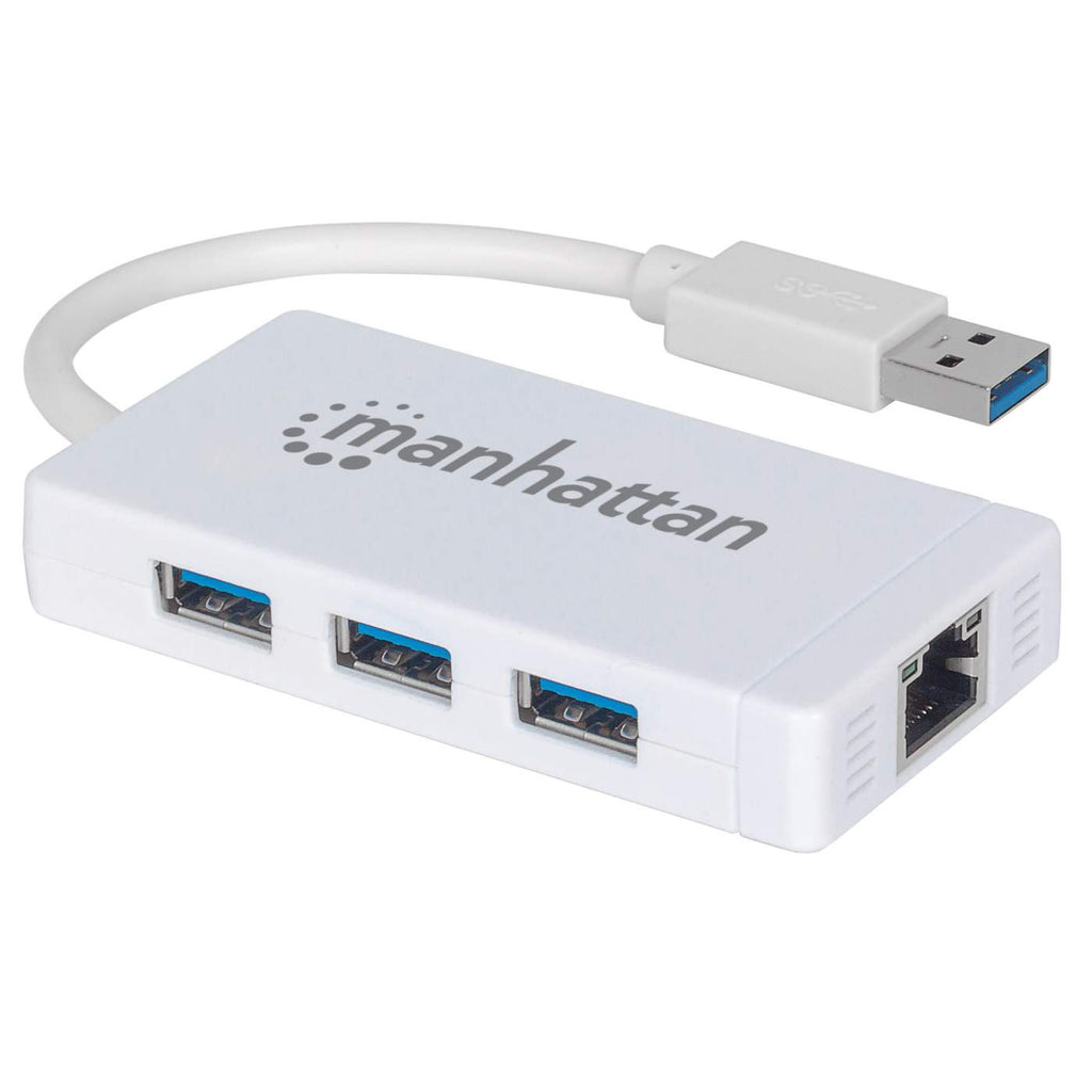 Manhattan USB-A 3-Port Hub with Gigabit Ethernet Adapter, 3x USB-A Ports, 5 Gbps (USB 3.2 Gen1 aka USB 3.0)