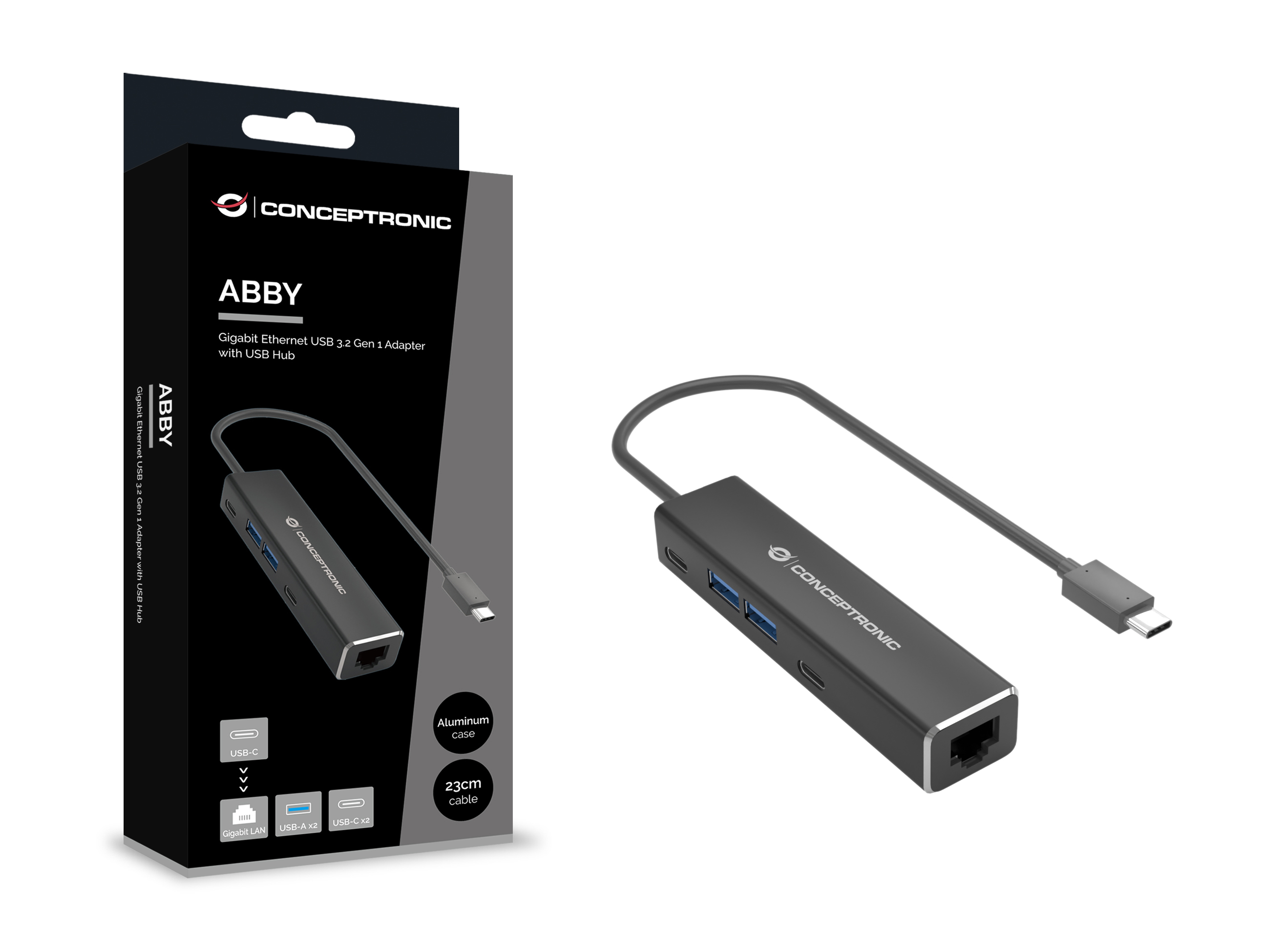 Conceptronic Adapter USB-C ->RJ45 Gigabit,2xUSB-C 2xUSB-A sw